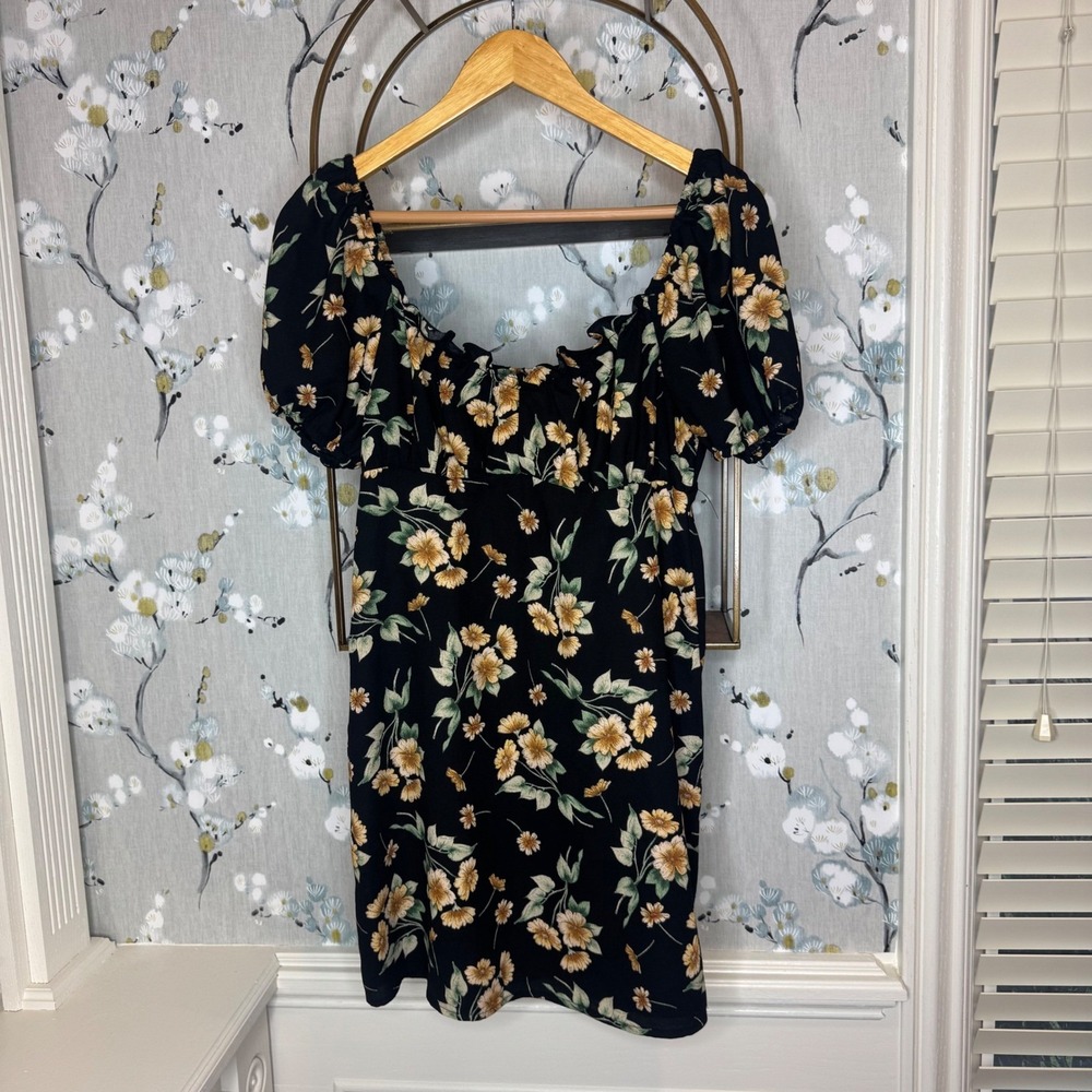 Altar'd State Floral Puff Sleeve Mini‎ Dress Black Yellow Square Neck Womens M